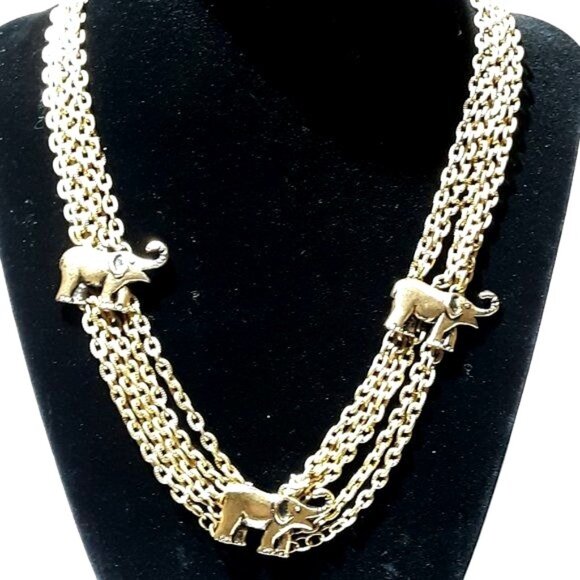 Multi 5 Strand Chain Elephant Necklace Gold-tone Choker Collar - Picture 2 of 5